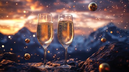 Two champagne glasses clinking in a surreal lunar landscape with golden orbs floating in a starry sky