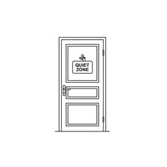 Simple line drawing of a closed door with a quiet zone sign hanging on it