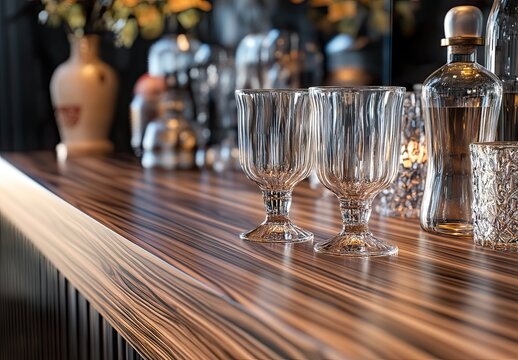 A close-up of crystal wine glasses on a polished wooden bar counter with blurred bottles and soft lighting in the background