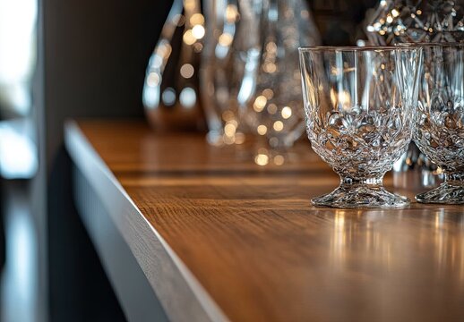 A close-up of crystal wine glasses on a polished wooden bar counter with blurred bottles and soft lighting in the background - Powered by Adobe