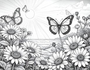Obraz premium Coloring page, flower theme with butterflies and sunshine