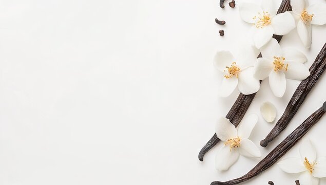 Delicate white vanilla flowers and vanilla pods arranged on a clean, white background