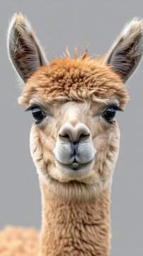 A close-up view of a llama's face on a gray background