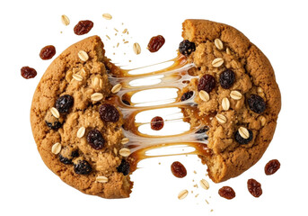 Broken oatmeal cookie with raisins and peanut