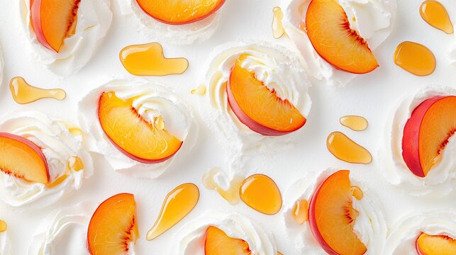 A white plate of creamy dessert topped with sliced peaches and fresh basil leaves