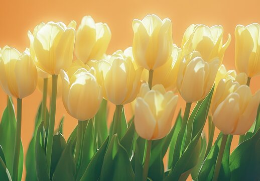 yellow tulips with green stems arranged in a row against a soft peach background - Powered by Adobe