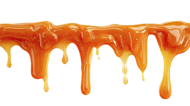 Golden caramel dripping, flowing, shiny. Against a black background