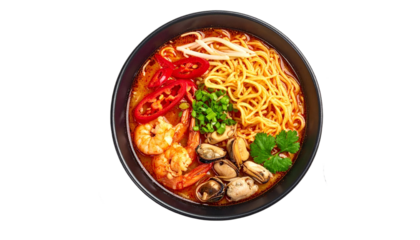 Asian spicy seafood noodle soup, seafood noodle with shellfish, shirmp, isolated on transparent background