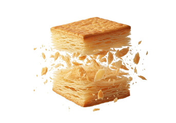 Exploded pastry layers with crumbs isolated on transparent background