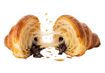 Croissant split open with chocolate filling on a transparent background