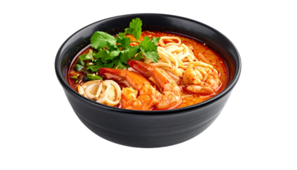 Asian spicy seafood noodle soup, seafood noodle with shellfish, shirmp, low angle view, isolated on transparent background