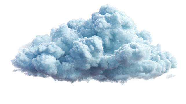 Blue sky with bright white clouds, abstract blue smoke isolated on white background