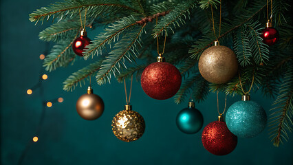 Naklejka premium Festively Decorated Christmas Tree with Ornaments and Lights | Photorealistic 8K Holiday Photography