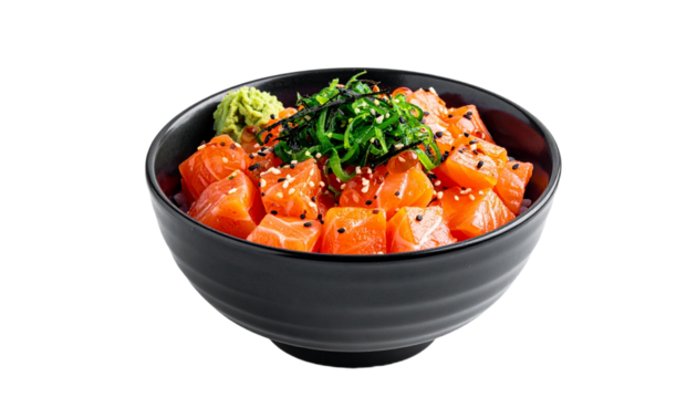Salmon donburi japanese food low angle view, isolated on transparent background