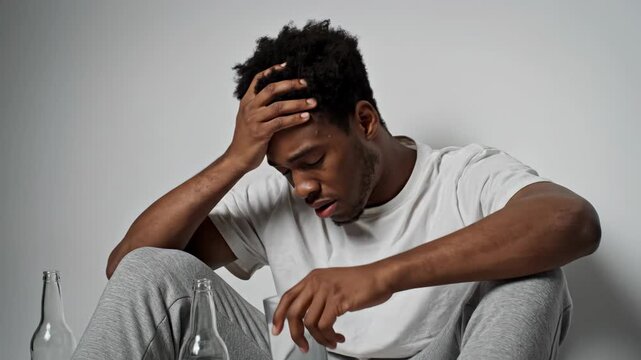 African american man in distress holding his head, experiencing a painful hangover next to empty alcohol bottles with a glass of water