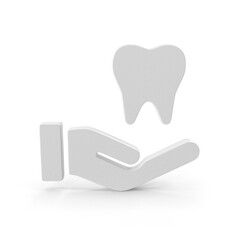 3D white icon of a hand holding a floating molar tooth. PNG