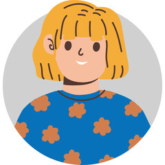 Illustration Of A Young Person With Short Blond Hair Wearing A Blue Shirt With Orange Flower Pattern Inside A Gray Circle Against A Transparent Background