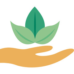 Illustration of an open hand holding green leaves symbolizing growth and nature protection on a white background