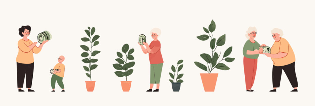 Senior people saving money and investing in pension funds with plants in pots symbolizing growth and financial planning for retirement security vector illustration