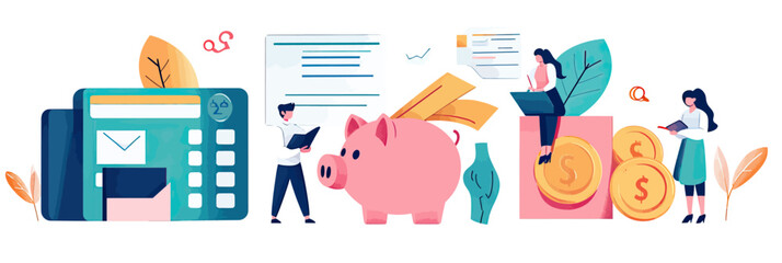 Fototapeta premium People managing personal finance using calculator and documents with piggy bank savings and digital money coins in flat vector illustration