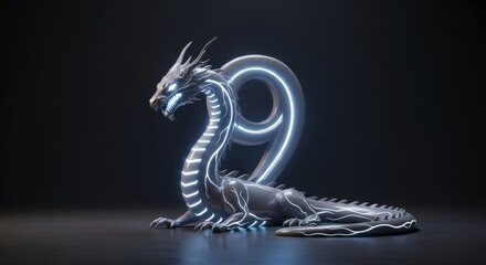 Obraz premium Glowing cyberpunk dragon lying down on dark surface