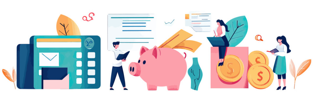 People managing personal finance using calculator and documents with piggy bank savings and digital money coins in flat vector illustration - Powered by Adobe