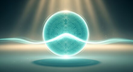 Glowing teal orb with labyrinth pattern and light streaks