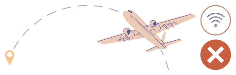 Obraz premium Airplane on curved dotted path, location pin, wireless icon, and prohibition sign. Ideal for travel, navigation, flight, technology restrictions wireless access and transportation. Simple flat