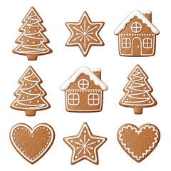 Christmas gingerbread cookies on transparent background