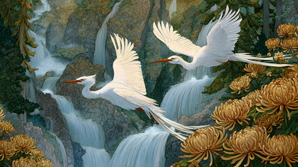 Fototapeta premium Elegant white cranes flying among waterfalls and chrysanthemum flowers