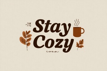 Stay cozy message with warm brown text and leaves, alongside a steaming mug, suggesting a comforting atmosphere.