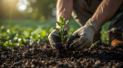 Hands planting young green seedling in soil at sunrise, eco gardening concept