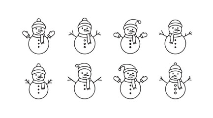 Collection of eight hand drawn snowman illustrations in a simple line art silhouette style