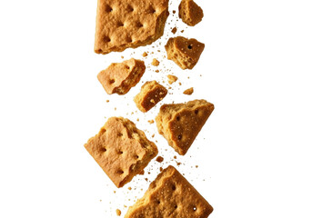 Cracked crackers falling with crumbs isolated on transparent background