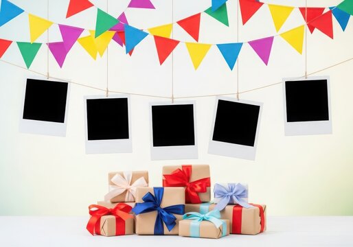 A festive arrangement of gift boxes tied ribbons, hanging polaroid photos, colorful bunting flags