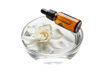 Essential oil dropper bottle with a flower in a bowl of water