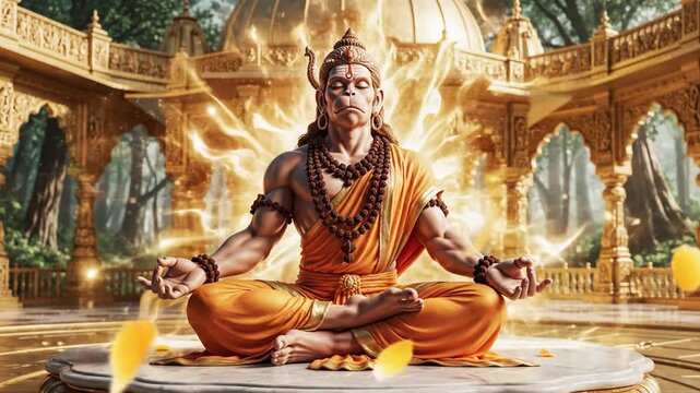 Lord Hanuman Meditating in a Temple with Golden Aura and Petals, Spiritual Serenity.