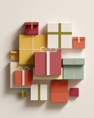 Colorful gift boxes stacked in a creative arrangement against a plain background.