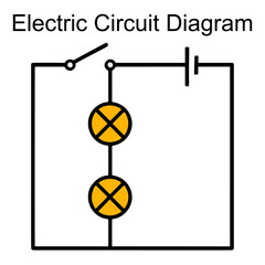 Fototapeta premium Simple illustration of an electric circuit showing a battery, open switch, and two light bulbs connected in series for educational and teaching purposes