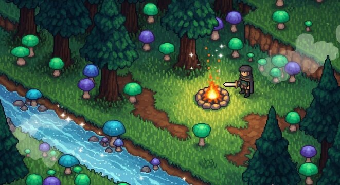 Pixel art forest scene with campfire and river