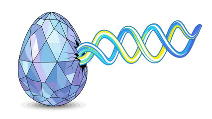 A cracked diamond egg releases a swirling double helix DNA strand