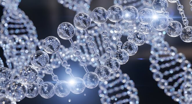 A close-up view of a detailed, abstract representation of a DNA double helix structure, sparkling and luminous.