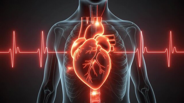 3D medical animation of a beating heart with electrical signals and cardiogram