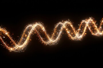 Waves of golden light flow elegantly across a dark backdrop, shimmering with bright sparkles that evoke a sense of movement and creativity in a captivating display