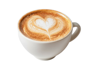 A white mug of coffee with latte art in the shape of a heart