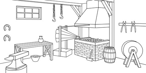 Fototapeta premium Smithy interior graphic black white illustration vector 