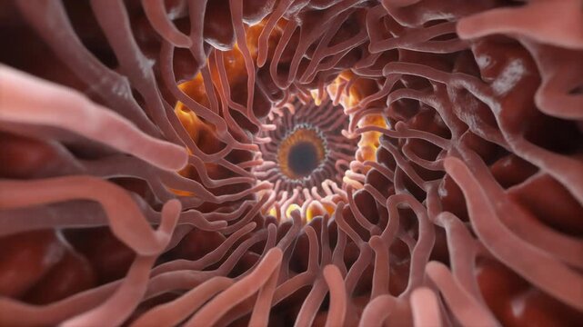 Microscopic animation of human small intestine villi absorbing nutrients