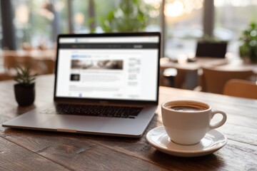 A laptop sits on a wooden table alongside a coffee cup on a saucer. The warm glow of sunset fills the cafe, enhancing the inviting atmosphere with plants in view