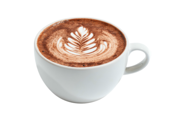 Warm, frothy beverage with intricate latte art in a white mug