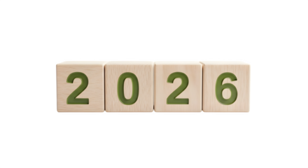 Wooden blocks with 2026 year isolated on transparent background for upcoming time